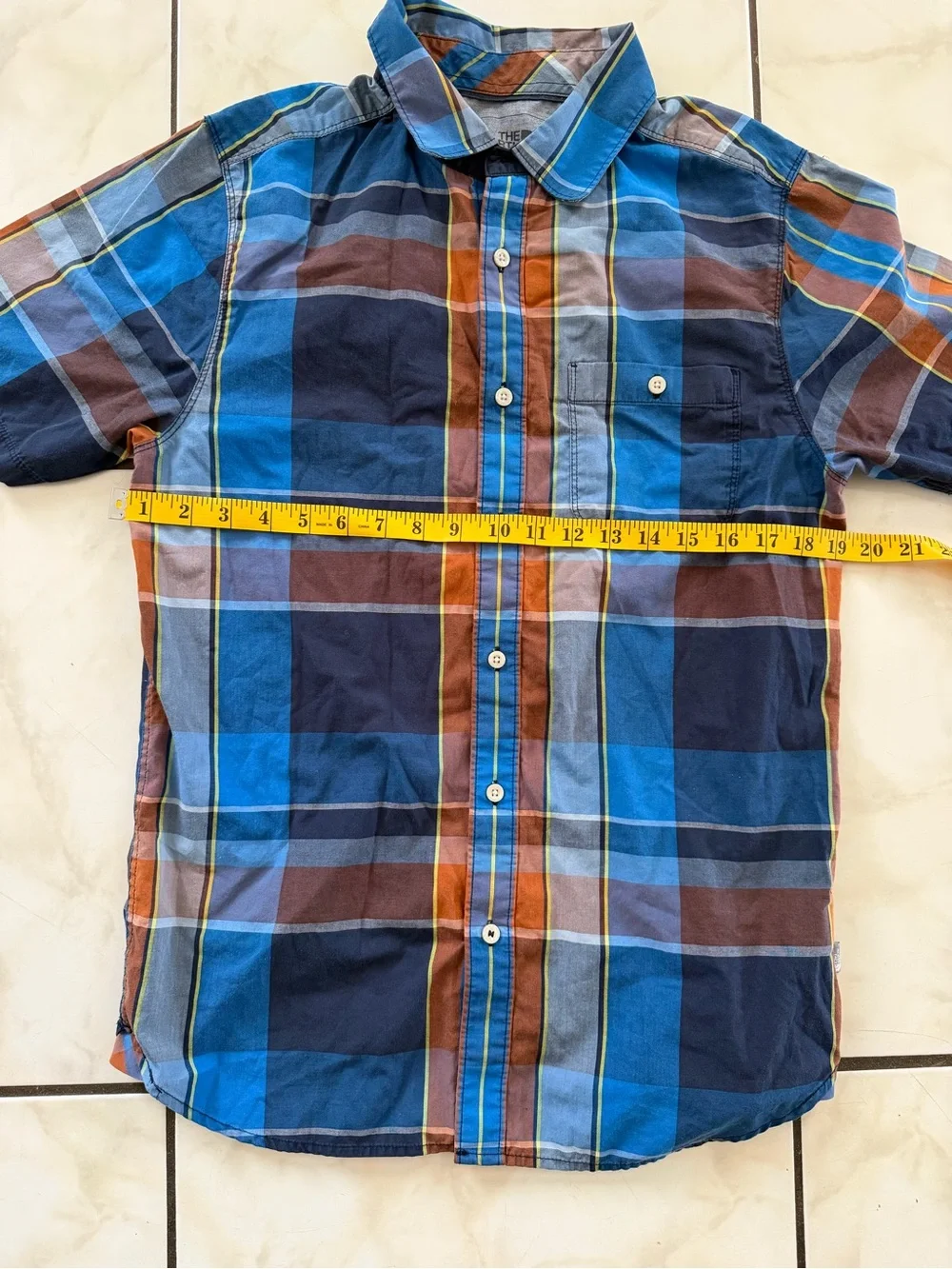 The North Face Blue and Brown Plaid Short-Sleeve Button-Down Shirt